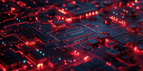 Close-up circuit board with red lights,
