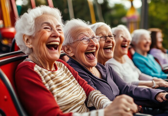 Fototapeta premium A group of joyful elderly friends enjoys a thrilling roller coaster ride at an amusement park. Generative AI.