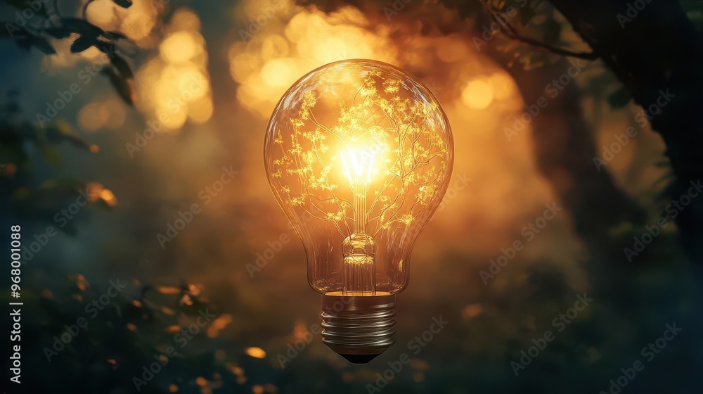 Poster a glowing lightbulb illuminates a misty forest its filament forming intricate tree branches soft eth