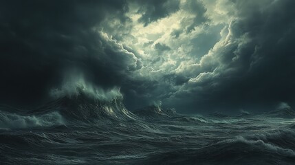 Fototapeta premium Waves crashing violently under a grey, stormy midnight sky, clouds swirling above, creating a dark and foreboding atmosphere with realistic detail and lighting