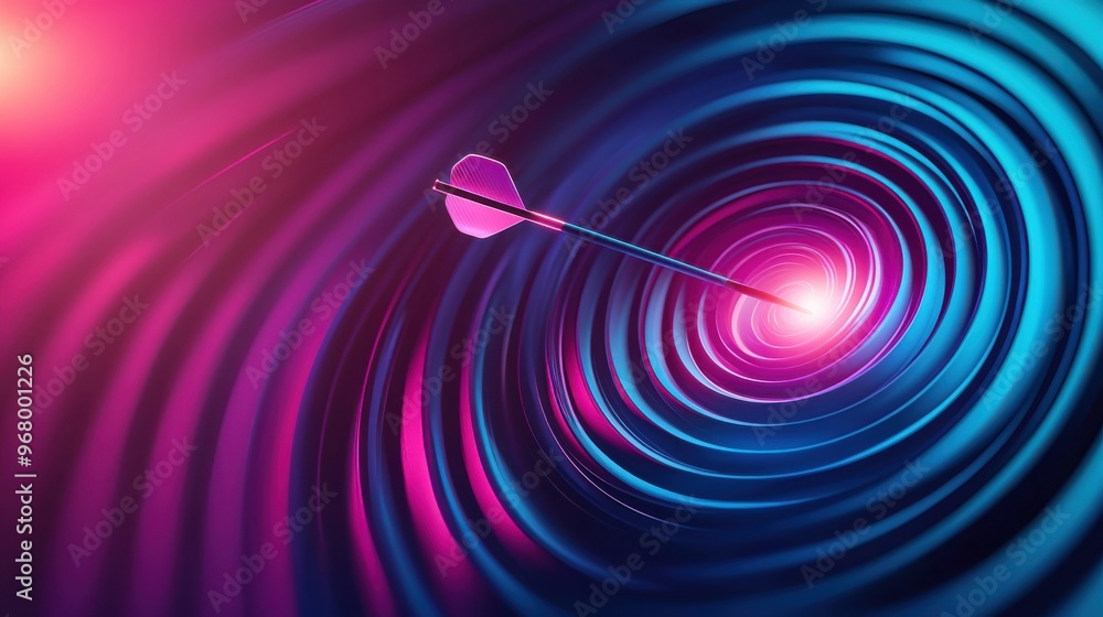 Wall mural Focus and Aim: A glowing dart hitting the center of a vibrant target, surrounded by a swirl of abstract shapes that represent distractions