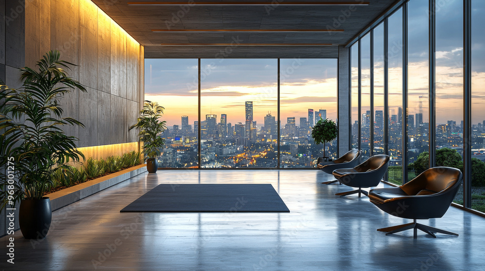 Canvas Prints Modern office lounge with city skyline view.