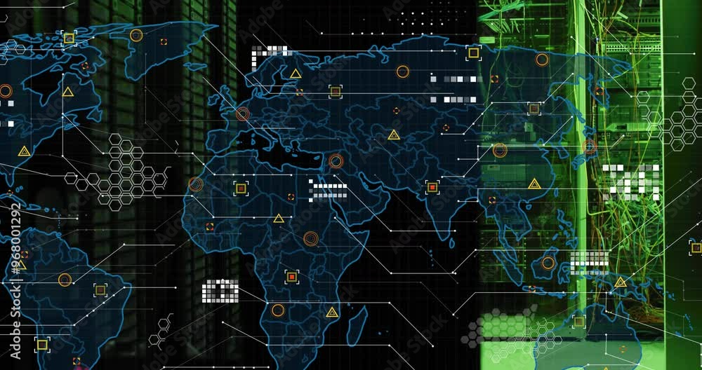 Poster animation of world map and digital data processing over computer servers
