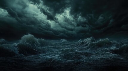 Obraz premium Dark and stormy sea under a cloudy midnight sky, waves crashing violently against each other, with dramatic lighting highlighting the ominous atmosphere