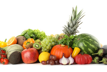 Different fresh fruits and vegetables isolated on white