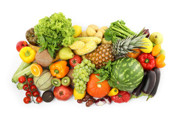Different fresh fruits and vegetables isolated on white, top view