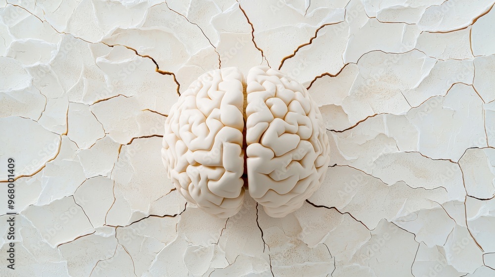 Poster fossilized brain: a brain encased in stone, with cracks forming but no new growth. the fossilized st