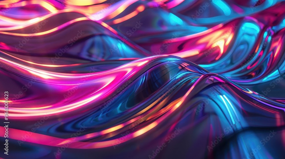 Poster abstract 3d render iridescent twisted wave in motion vibrant holographic colors shifting across curv