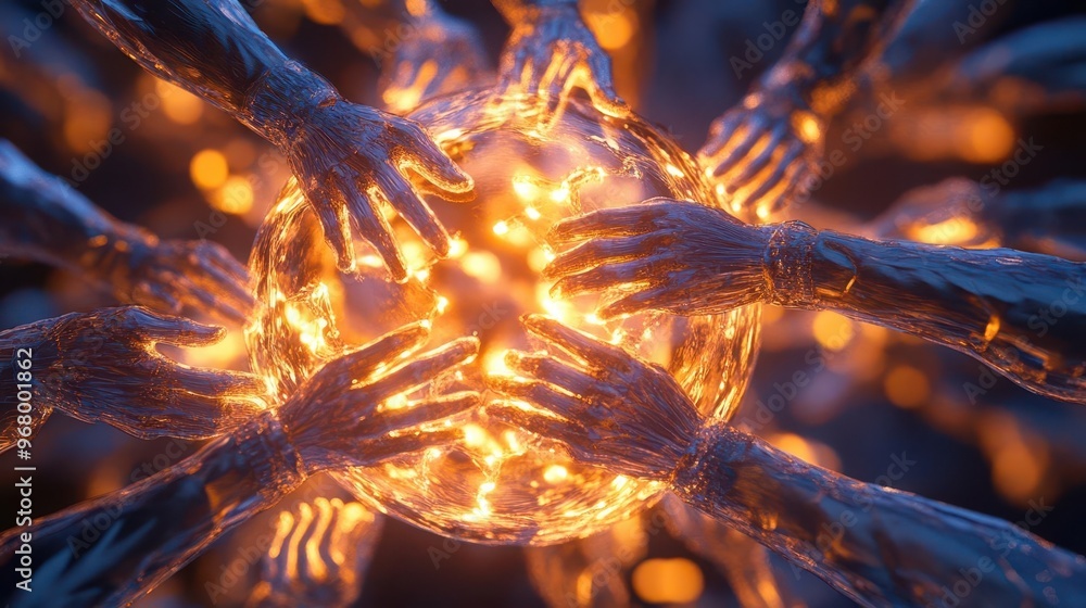 Poster abstract 3d render of interlocking transparent hands forming a sphere symbolizing global cooperation