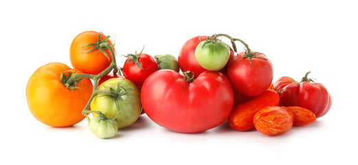 Different sorts of fresh ripe tomatoes isolated on white