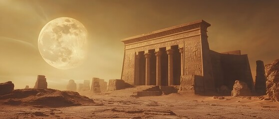 Obraz premium Haunted ancient temple structure standing alone in the eerie mysterious Egyptian desert landscape under a full moon Concept of supernatural mystical and paranormal elements in a photography setting