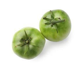 Unripe tomatoes isolated on white, top view. Effect of poor cultivation