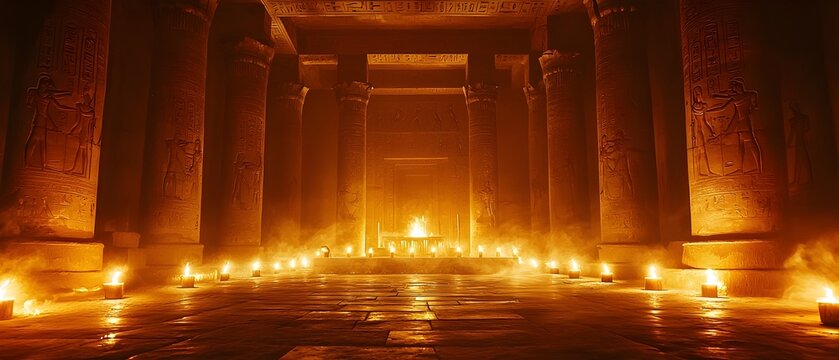 Eerie Otherworldly Egyptian Temple Hallway Bathed in Mystical Candlelight   An ancient Egyptian temple interior illuminated by flickering candles and shadows creating an atmospheric