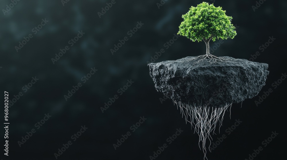 Poster fragile business balance: a small tree with delicate roots growing on a floating island above a dark