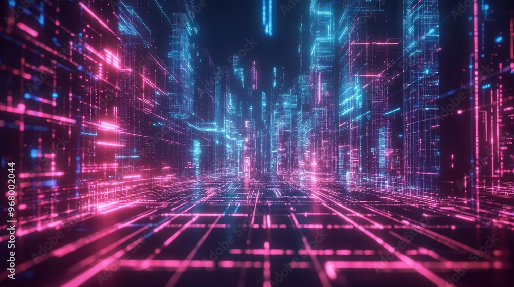 Poster abstract 3d rendering of futuristic technology landscape neon grid lines and geometric shapes cyberp