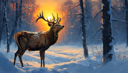 Majestic deer in a snowy forest under the twilight sky of a cold winter evening