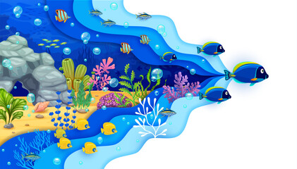 Paper cut underwater landscape with tropical fish shoal. 3d vector cartoon wavy frame with bright seaweeds and corals on the bottom. Mesmerizing scene with colorful marine life beneath ocean surface