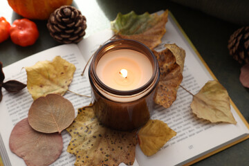 Burning candle, dry leaves and open book on green background, closeup. Autumn atmosphere