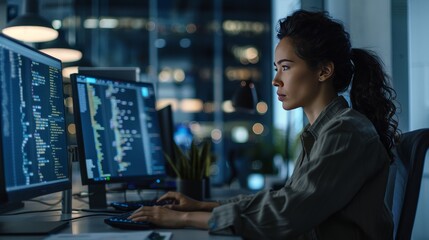 Focused professional woman engaged in unit testing code in a modern corporate office setting