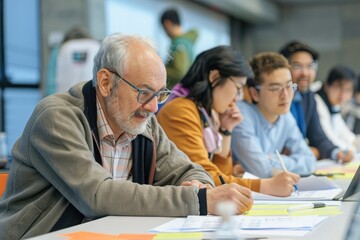Fototapeta premium Senior Engineer Leading Workshop on Renewable Energy Technologies with Engaged Participants