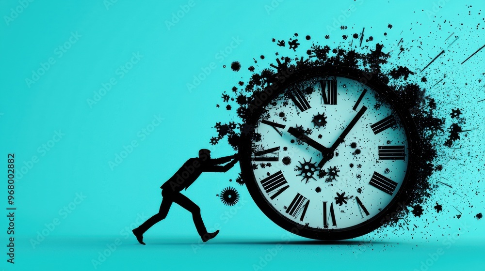 Poster giant clock of effort: a figure pushing against the hands of a massive clock, with gears and mechani