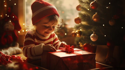 Child's face as they unwrap a gift on Christmas morning