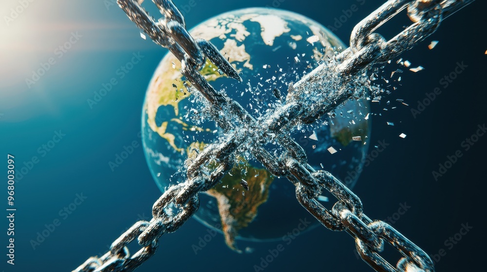 Poster global chain of unemployment: a large chain encircling the globe, with links breaking one by one, ea