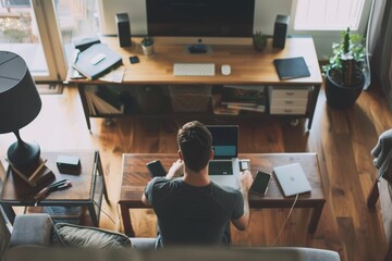 Naklejka premium Man Setting Up Modern Home Office in Sleek Apartment with Minimalist Design