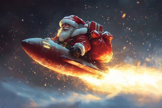 Santa Flying on Rocket 