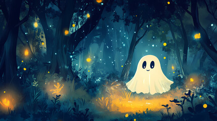 Whimsical illustration of a friendly ghost in a magical glowing forest at night. Ghost. Illustration