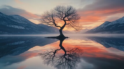 Lone tree reflecting in calm lake at sunset with mountain background