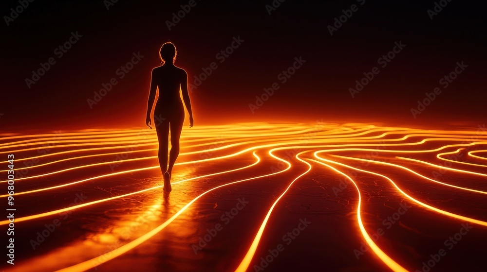Poster glowing path forward: a figure walking along a path made of light, with each step they take lighting