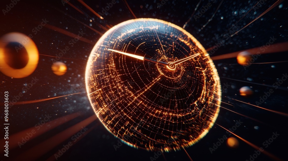 Poster goal orbiting clock: a large clock in space, with glowing orbs of goals orbiting around it