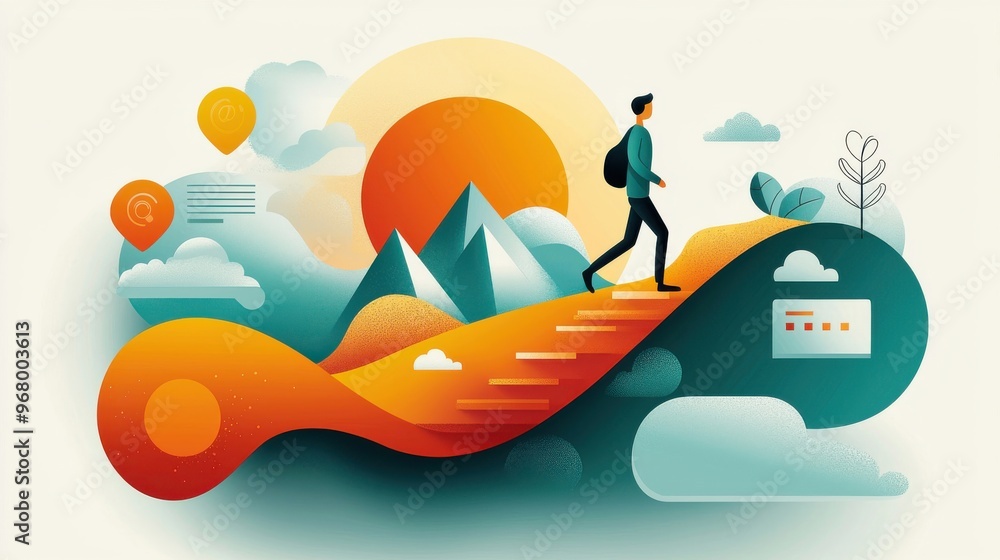 Poster going out to find success: a figure walking on a winding path with determination, surrounded by symb