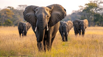 Obraz premium An older elephant leading the herd and consulting on the best paths for migration