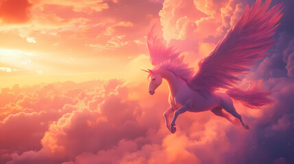 Winged pink pegasus, mythical creature from greek mythology, sky at sunset in the clouds. Pegasus. Illustration