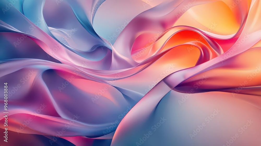 Poster abstract digital art with flowing twisted shapes in motion smooth gradients of pink blue and orange 