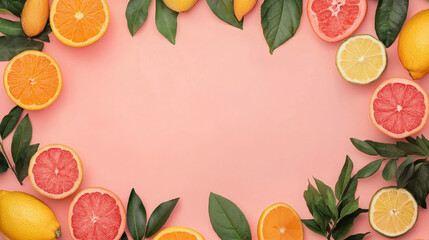 A vibrant arrangement of citrus fruits and green leaves on a soft pink background, perfect for fresh, fruity designs.