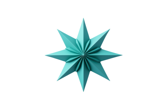 A teal, eight-pointed paper star origami isolated on a white background, showcasing intricate folding and geometric design. isolated PNG transparent background.  - Powered by Adobe