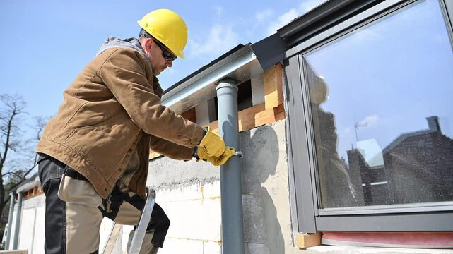 Construction Worker Installs Plastic Gutters on Residential Building in Sunny Outdoor Setting