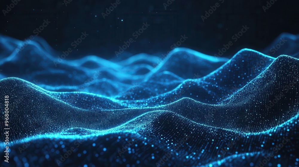 Aufkleber abstract digital landscape of interconnected geometric shapes glowing blue lines on dark background 