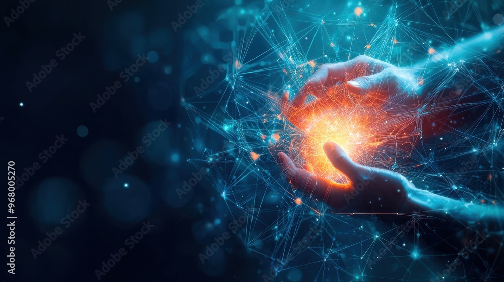 Poster hands of support and growth: an abstract figure is being lifted up by multiple hands, with glowing l