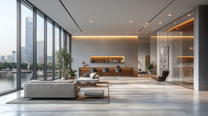 Fototapeta premium Modern office lounge with large windows overlooking city skyline.