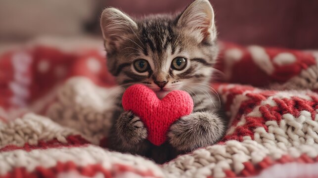 Playful tabby kitten with heart-shaped toy, fluffy fur, bright blue eyes, and a curious expression