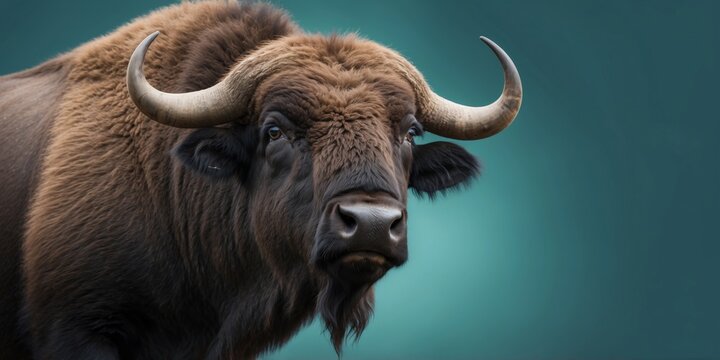Buffalo with calm expression on teal background.