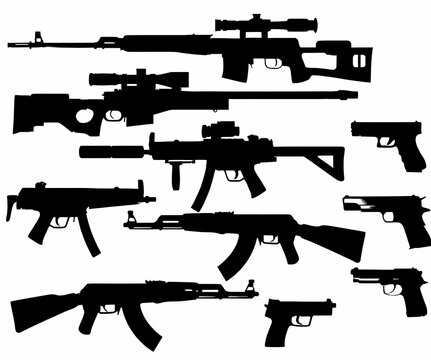 Weapons silhouette set. Collection of various realistic firearms. Isolated assult rifles, sniper rifles, shotguns, handguns, machine guns, historical guns and other. Vector illustration