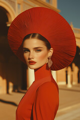 Fashion magazine concept. Portrait of beautiful female model wearing designer clothing, hat and looking at camera on old city background. Haute couture style. Retro, avant-garde. Studio shot