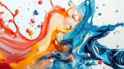 abstract fluid art swirling vibrant paint streams contrasting colors highspeed capture white background dynamic motion