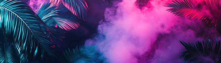 Fototapeta premium Palm Fronds Illuminated by Neon Pink and Blue Smoke