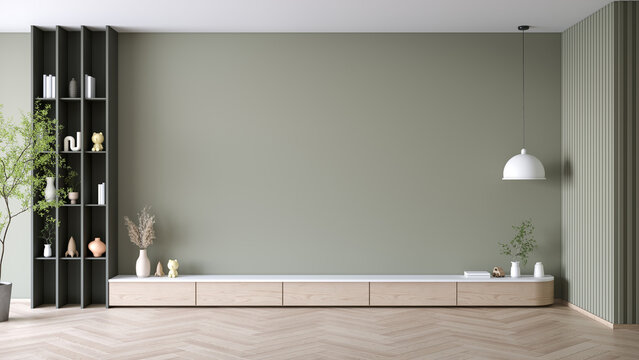 TV wall decor ideas for living room ,  a blank dark green wall with Wooden TV cabinet  and bright green background , .3d render